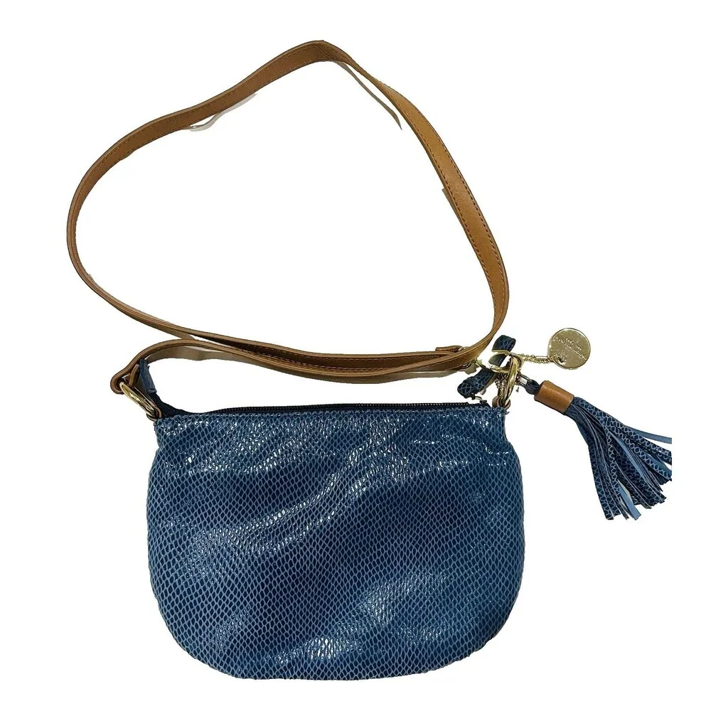 Vintage 80s Faux Snakeskin Tommy Hilfiger Crossbody Bag Blue Gold 9.5 In Tassel